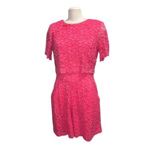 Taylor Womens Hot Pink Floral Lace Overlay Dress Size 10 Short Sleeves Crew Neck